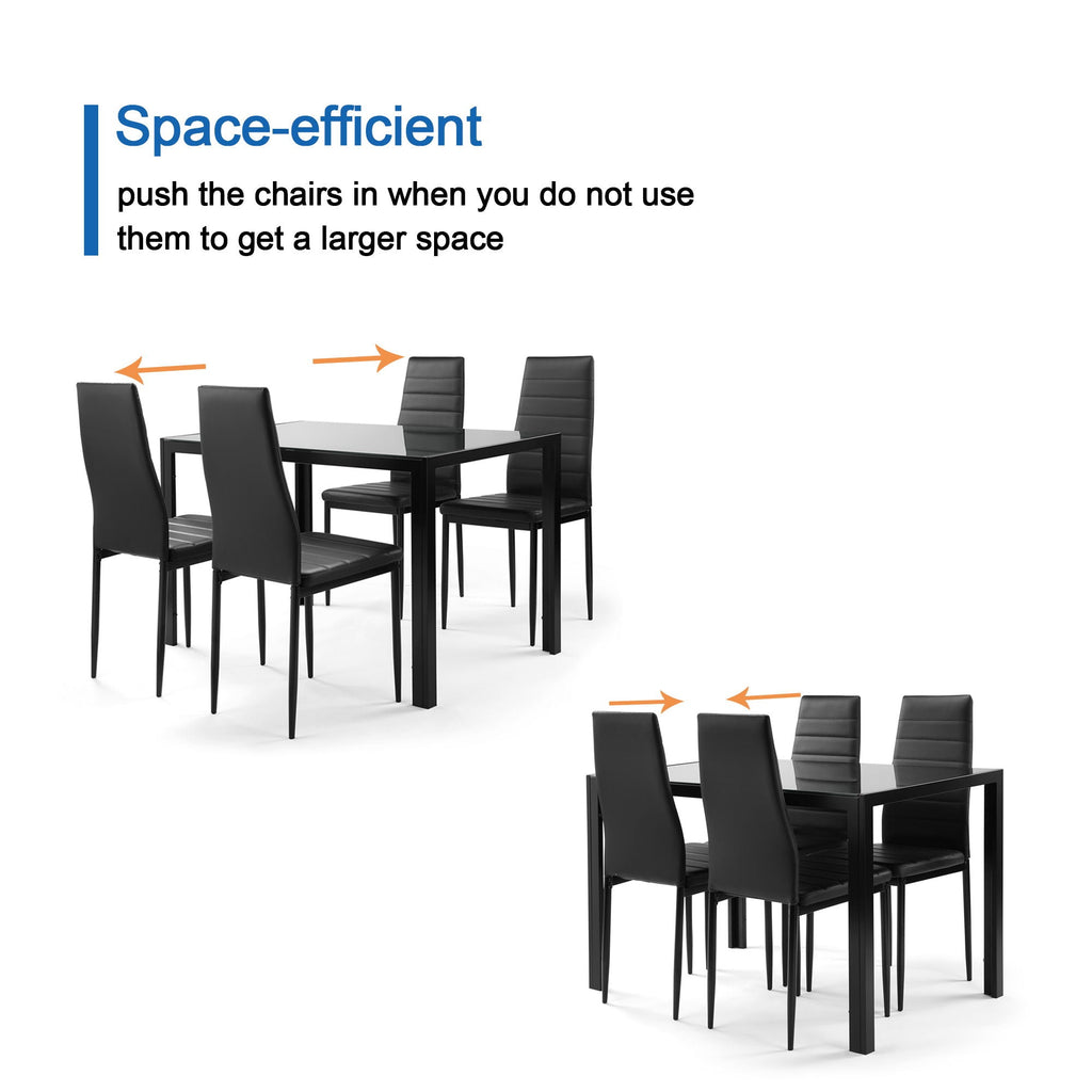 5 Piece Dining Table Set for 4 with Tempered Glass Table – Black