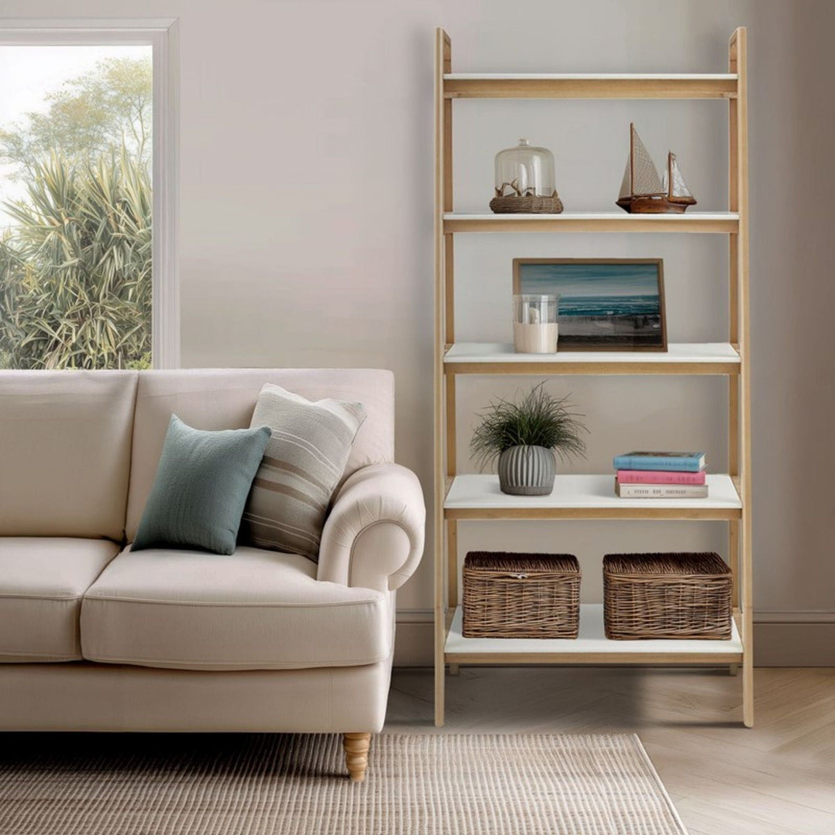 Off White & Natural Ladder Bookcase with 5 Shelves - Solid Wood Frame