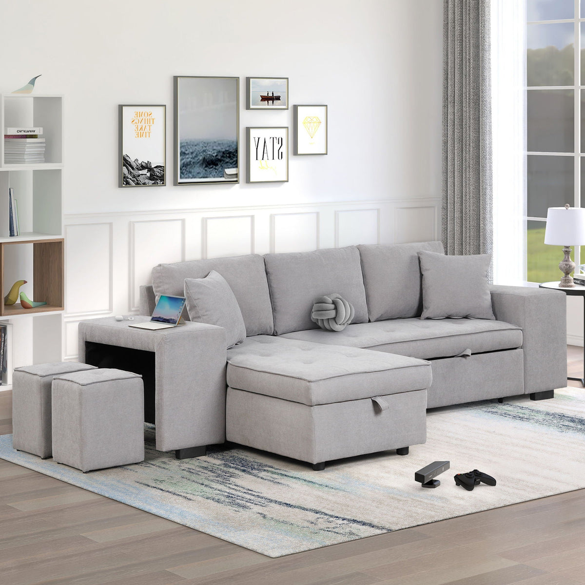 Reversible L-Shape Sleeper Sectional Sofa with Storage Chaise and 2 Stools - Multiple Colors
