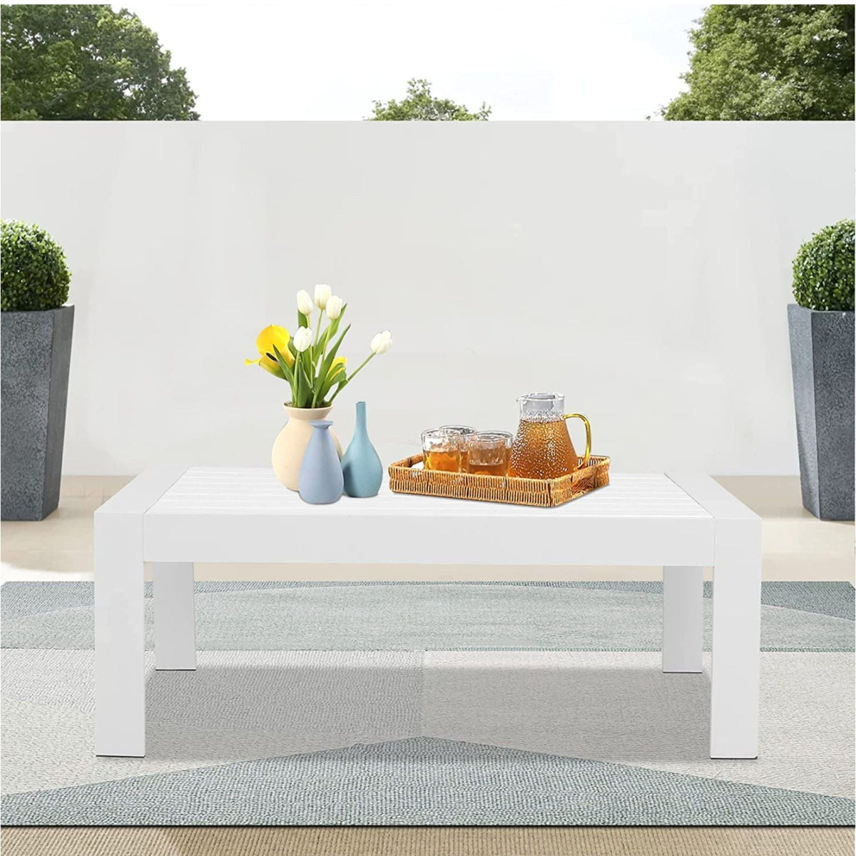 Modern Rectangle Outdoor Coffee Table with Slatted WPC Top - Dark Gray, White, Black
