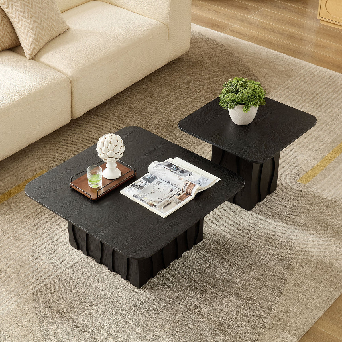 Nesting Square Coffee Table Set with Wavy Fluted Base - Wood Veneer