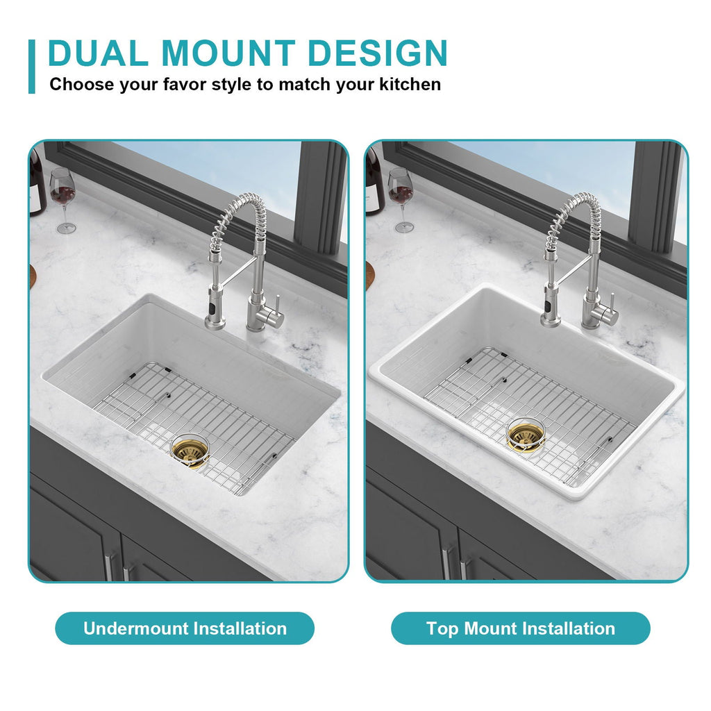 Single Bowl Ceramic Undermount Kitchen Sink with Dual Mount - White