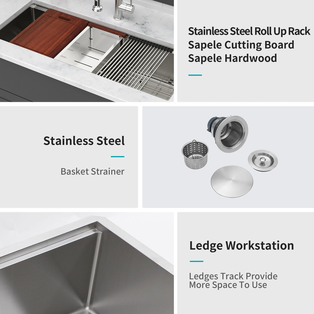 Gray Stainless Steel Undermount Workstation Kitchen Sink with Soundproofing - Single Bowl