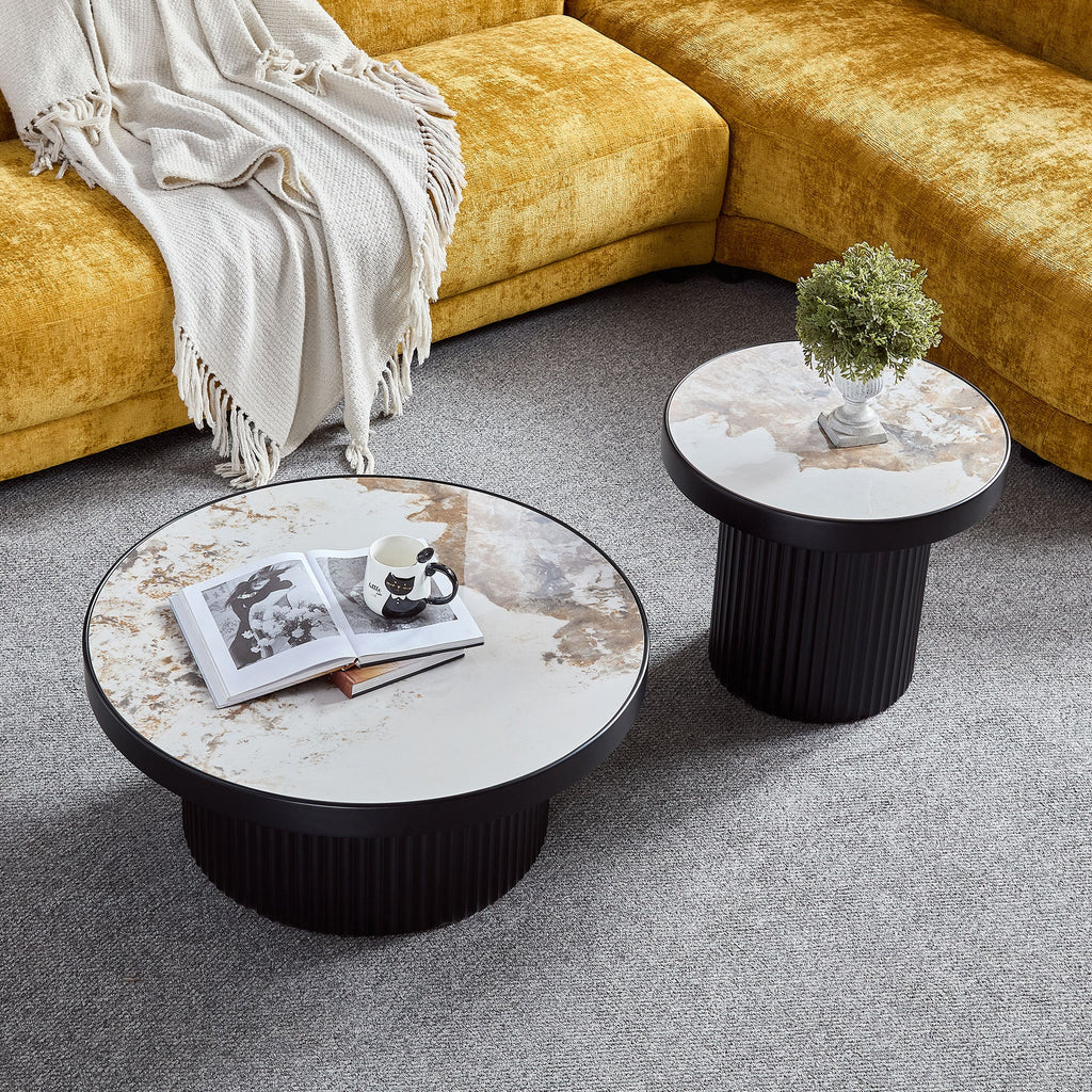 Set of 2 Coffee Tables with Sintered Stone Tabletops - Black