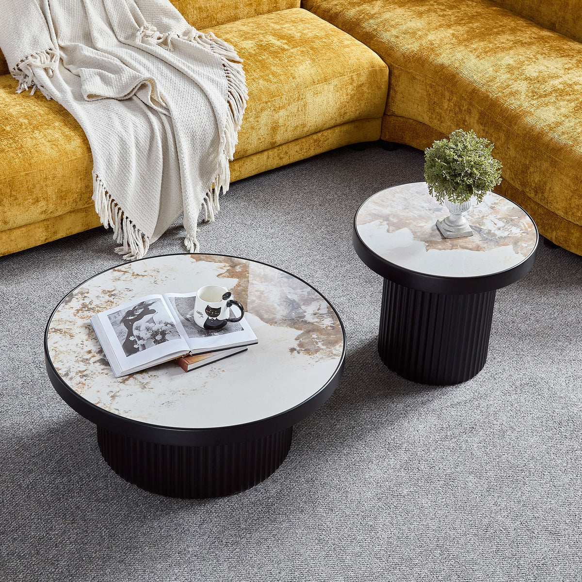 Set of 2 Coffee Tables with Sintered Stone Tabletops - Black