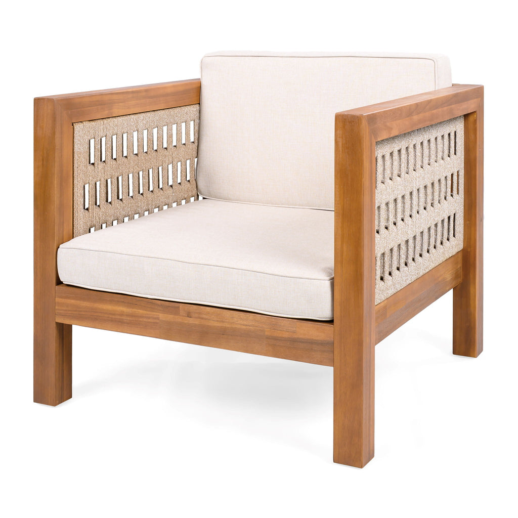 Outdoor Club Chair with Rope Arm and Cushions - Beige