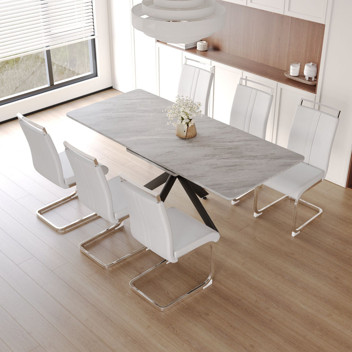 Modern Extendable Dining Table Set with Soft Padded Armless Chairs - White, Gray, or Dark Gray