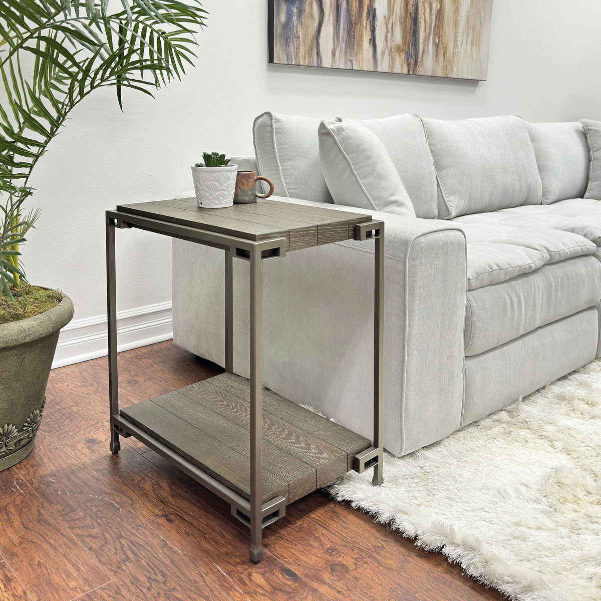 Metal Frame Wood Living Room Table Set with Removable Casters - Aged Graphite, Brown