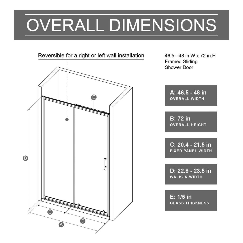 Single Sliding Shower Door with Handle - Chrome, Tempered Glass