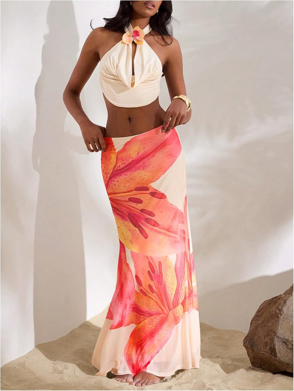 MakeMeChic Women's Summer Beach Maxi Skirt Y2k Floral Boho Flowy Long Skirt