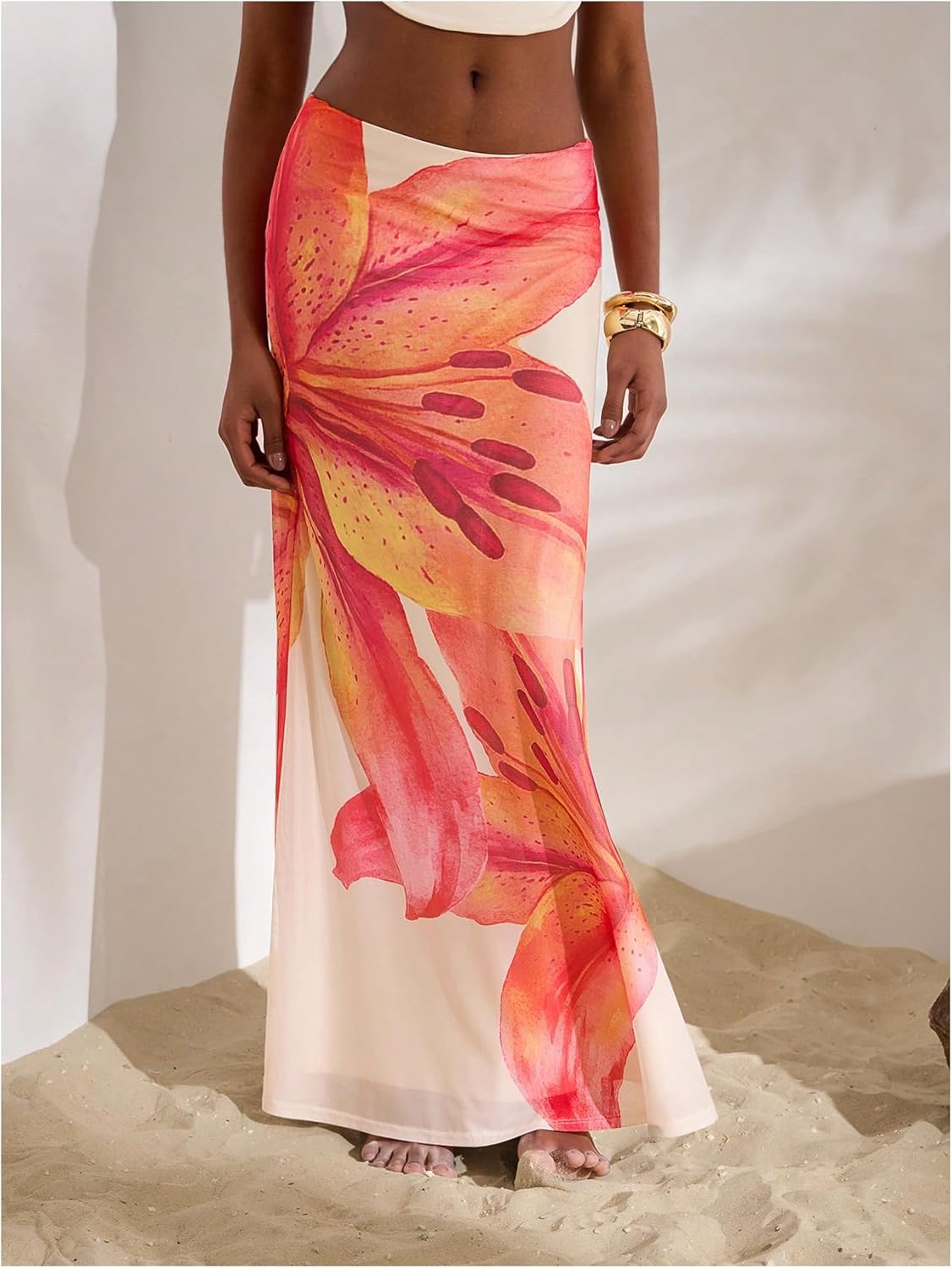 MakeMeChic Women's Summer Beach Maxi Skirt Y2k Floral Boho Flowy Long Skirt