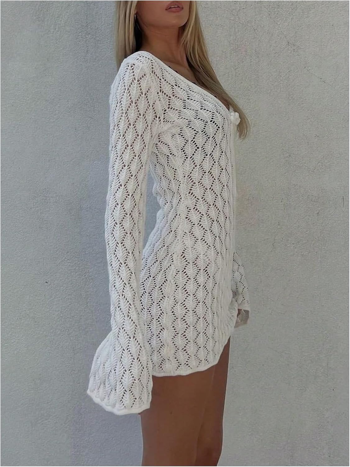 MakeMeChic Women's Summer Crochet Mini Dress Long Sleeve Swimsuit Beach Cover Up