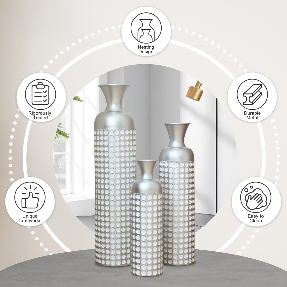 Semi-Handcrafted Metal Vase Set with Embossed Texture - Gold