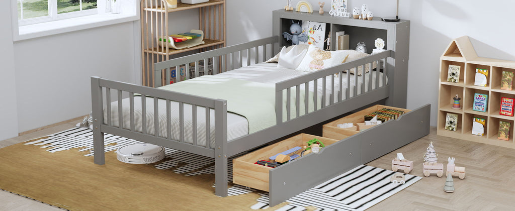 Twin Storage Bed with Headboard Rack & Under-Bed Drawers - Multiple Colors