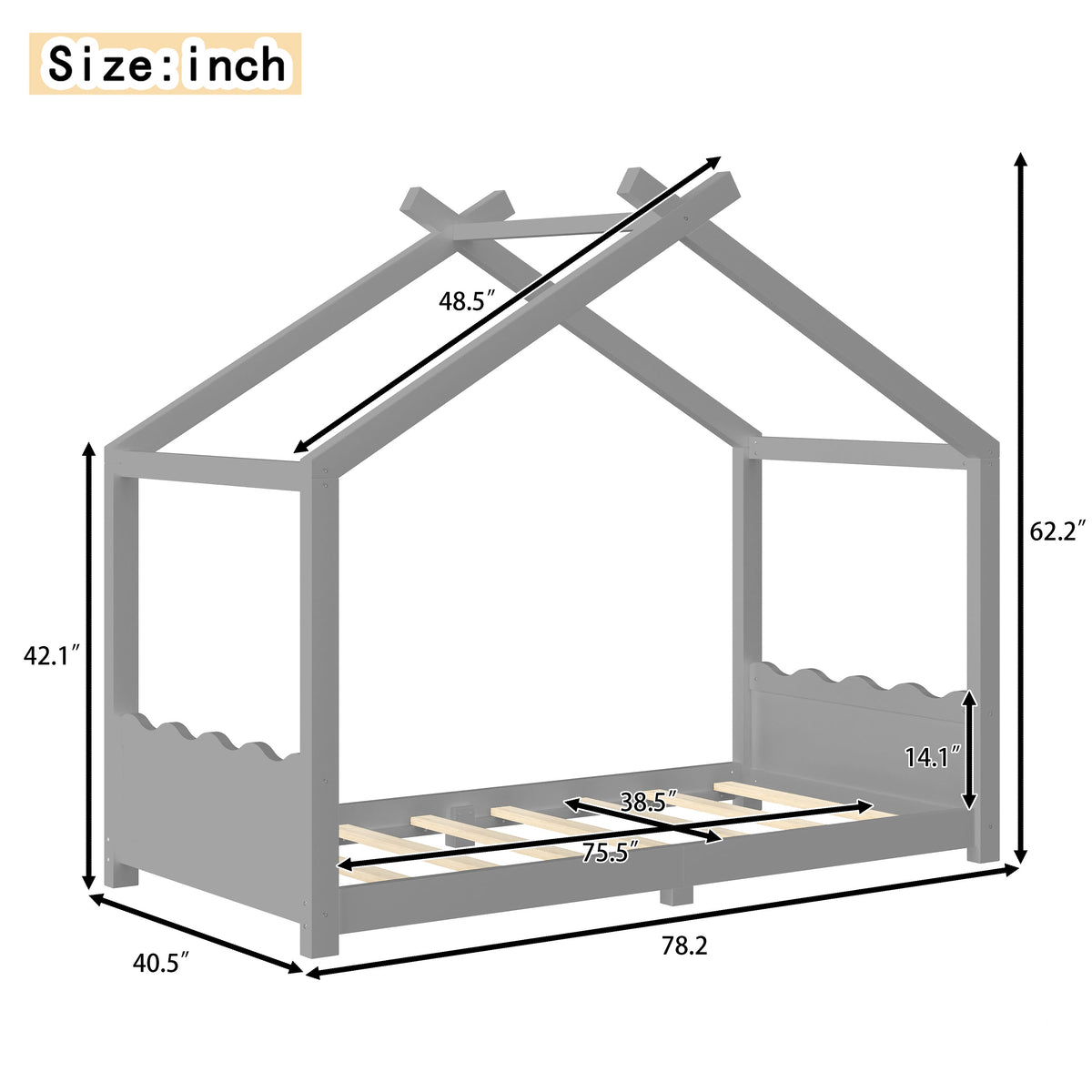 Twin House Floor Bed with Support Slats - Solid Wood, White