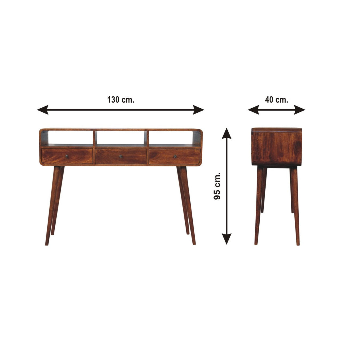 Solid Wood Triple Curved Console Table with Storage - Chestnut