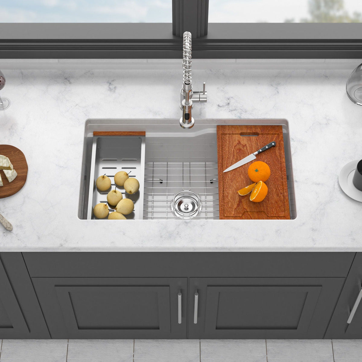 Porcelain Undermount Workstation Single Bowl Kitchen Sink – White