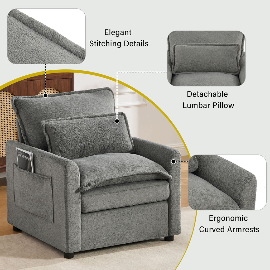 Modern Single Seat Accent Chair with Side Storage Pockets - Multiple Colors