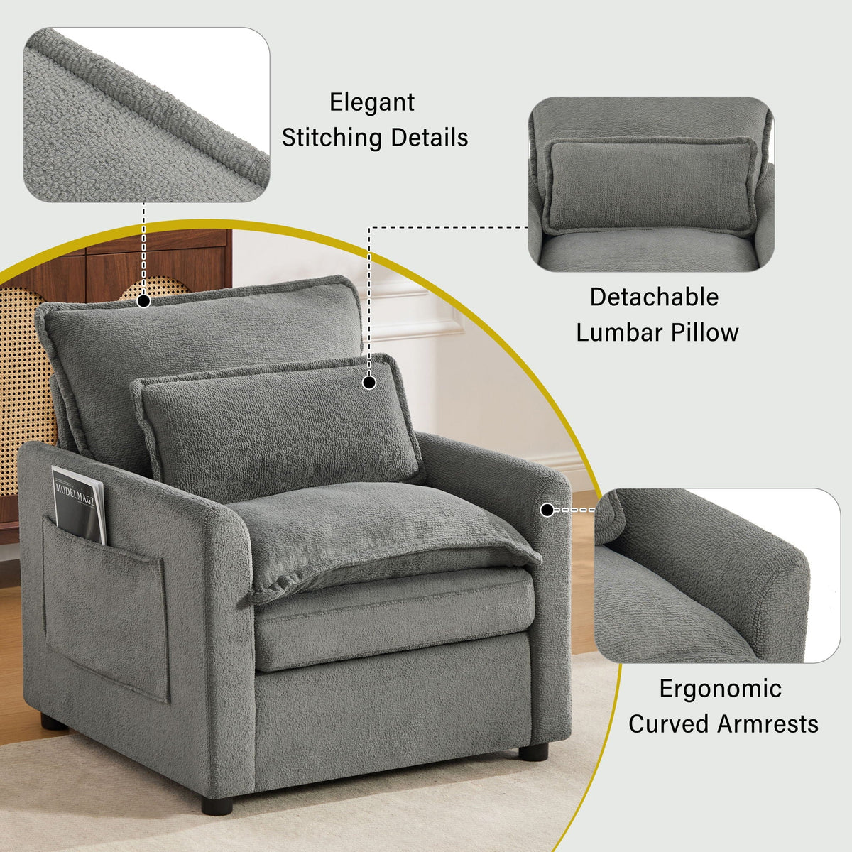 Modern Single Seat Accent Chair with Side Storage Pockets - Multiple Colors