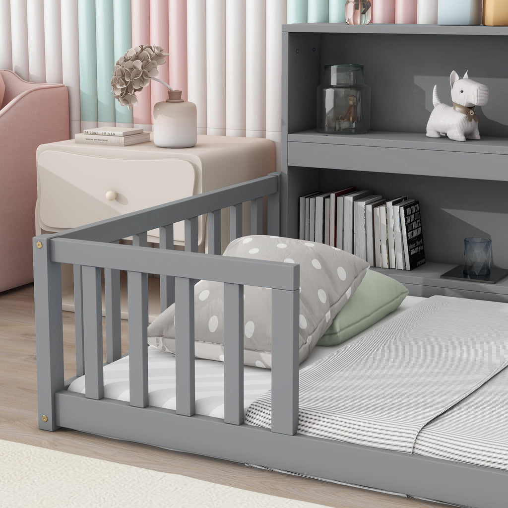 Twin Storage Bed with Bedside Bookcase and Guardrails - Gray or White