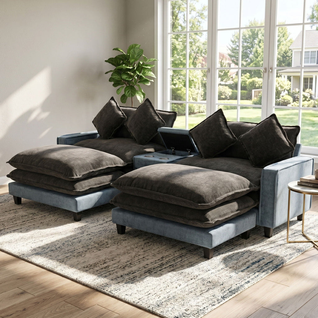 Sectional Sofa With Storage and Removable Ottomans - Gray / Light Blue