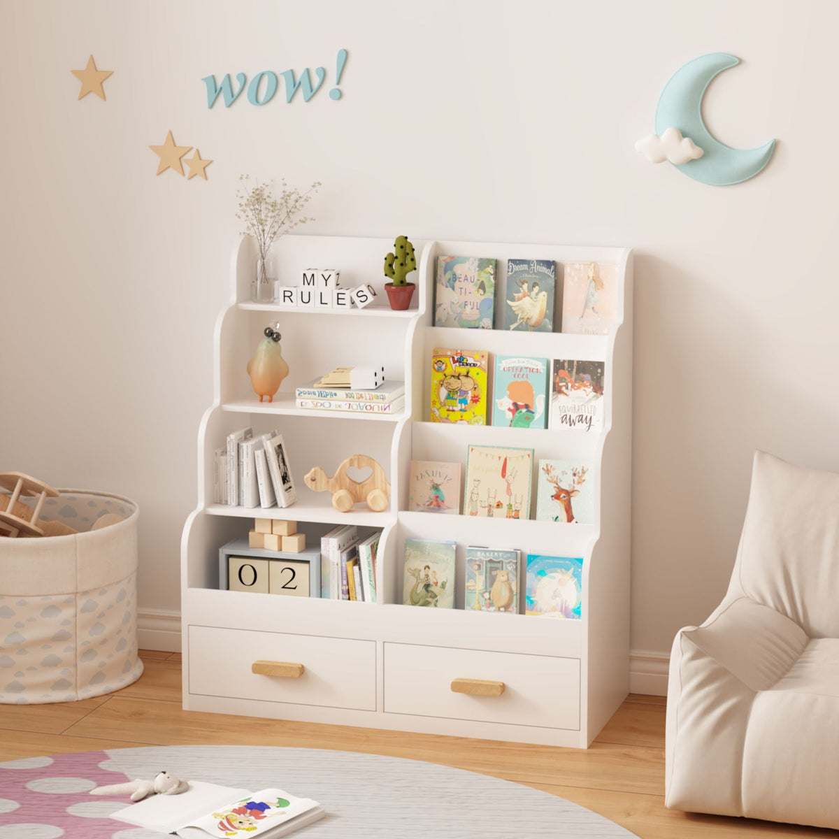 Bookshelf With 2 Storage Drawers, Front Facing Bookcase And Toy Organizer, Multi Tier Reading Shelf - White