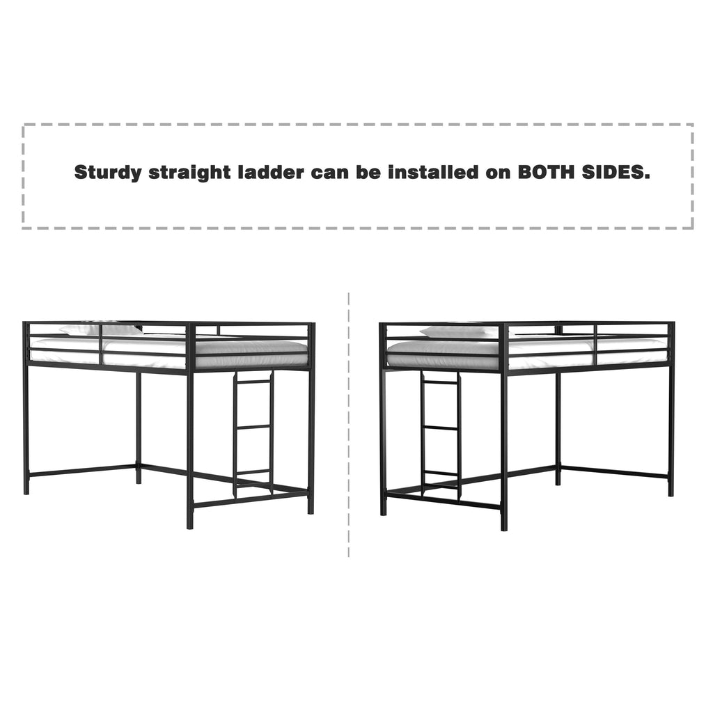 Black Twin Loft Bed with Full-Length Guardrails and Reversible Ladder