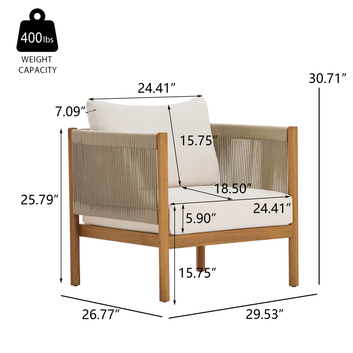 Outdoor Club Chair with Acacia Wood Frame and Rope Panels – Teak Look