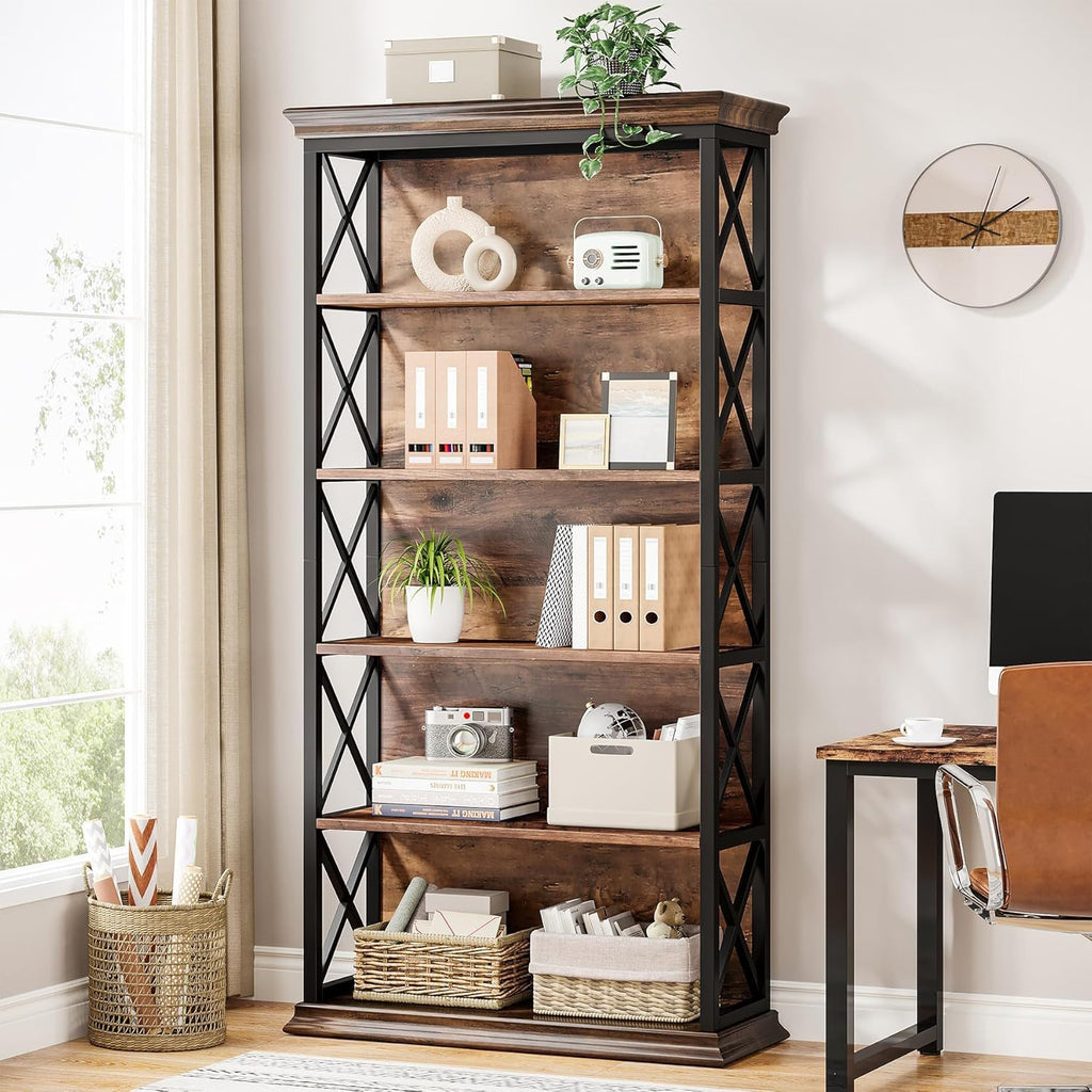 6 Tier Industrial Bookcase with X Pattern Design - Rustic Brown