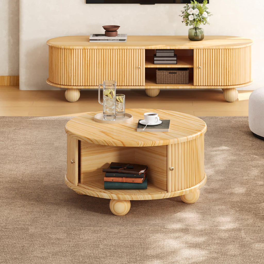 Round Fluted Coffee Table with Storage - Pine Solid Wood