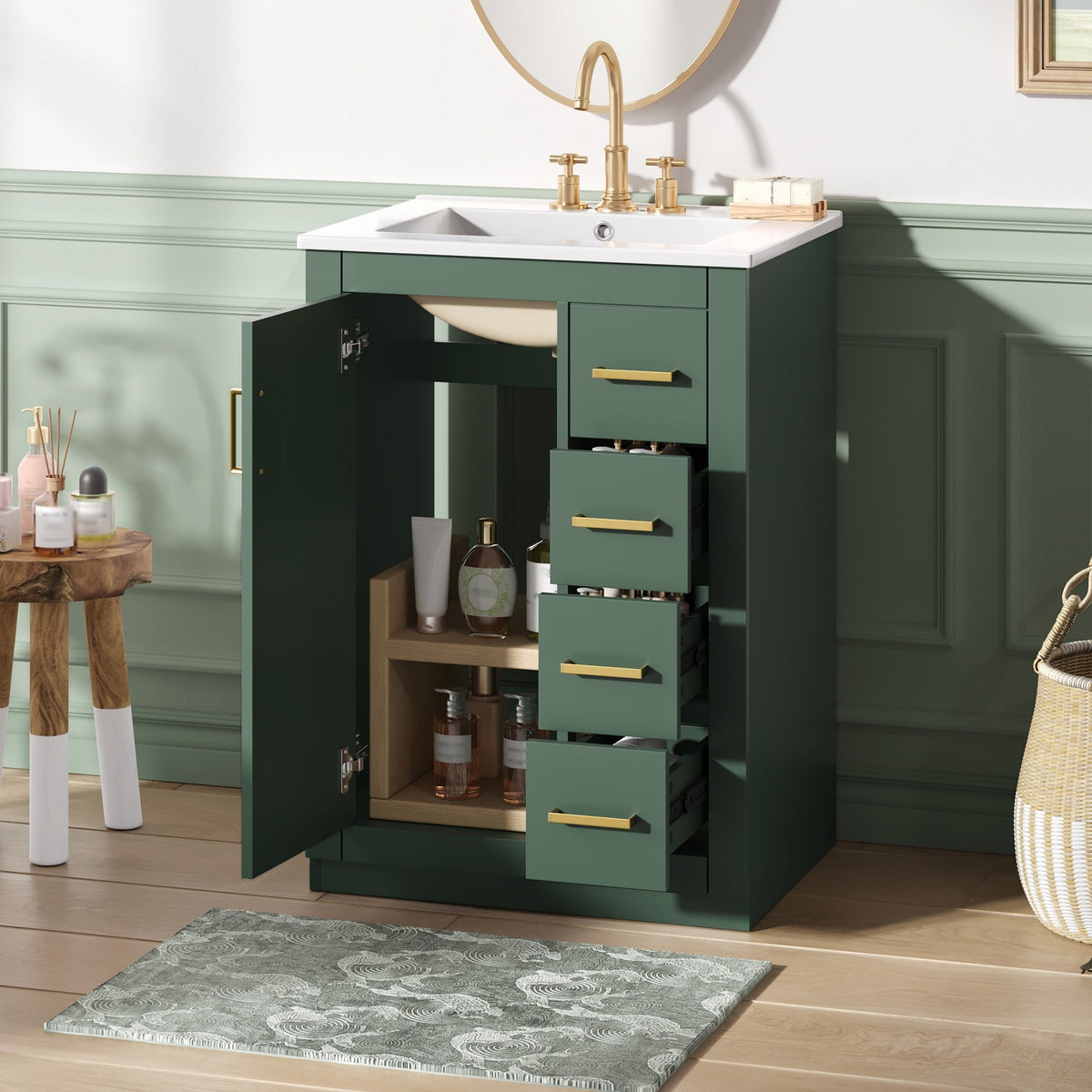 24" Bathroom Vanity with Integrated Ceramic Sink and Storage - Green