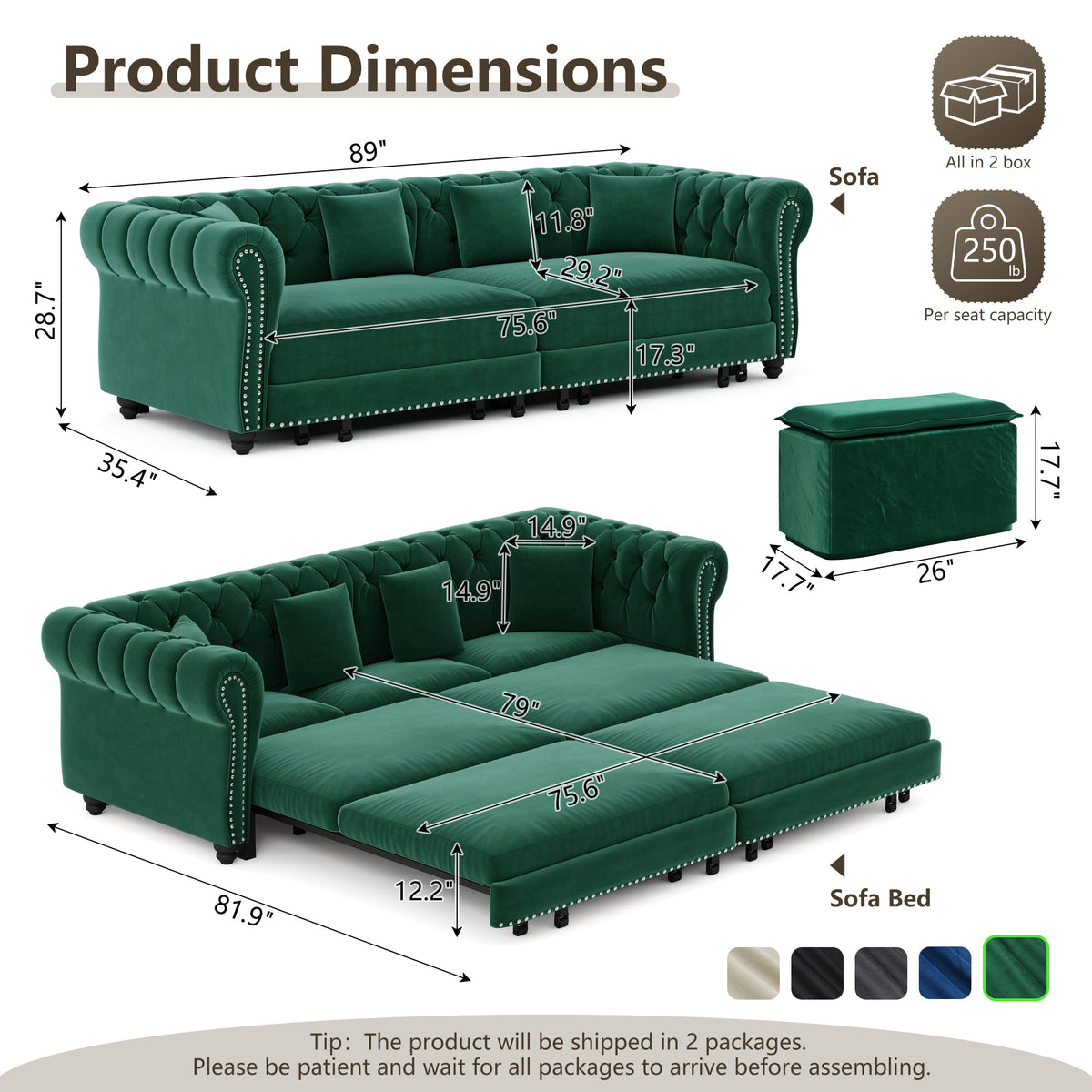 Chesterfield 3-in-1 Pull-Out Sofa Bed with Convertible Sleeper - Green