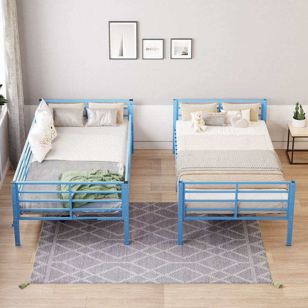 Blue Convertible Twin Bunk Bed with Guardrail and Ladder