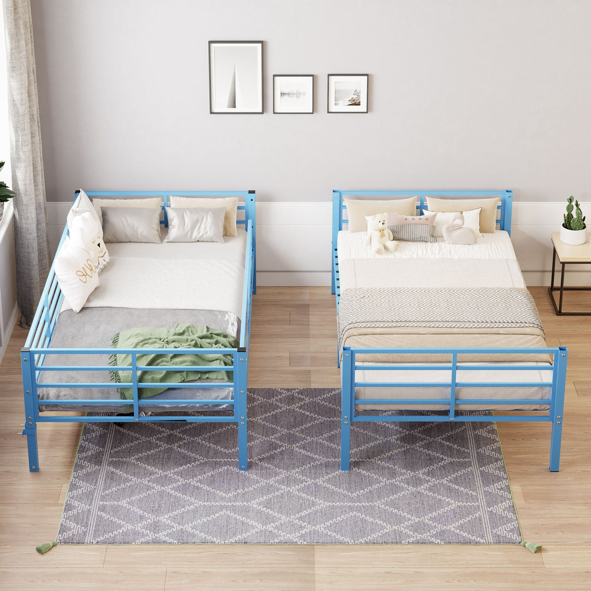 Blue Convertible Twin Bunk Bed with Guardrail and Ladder