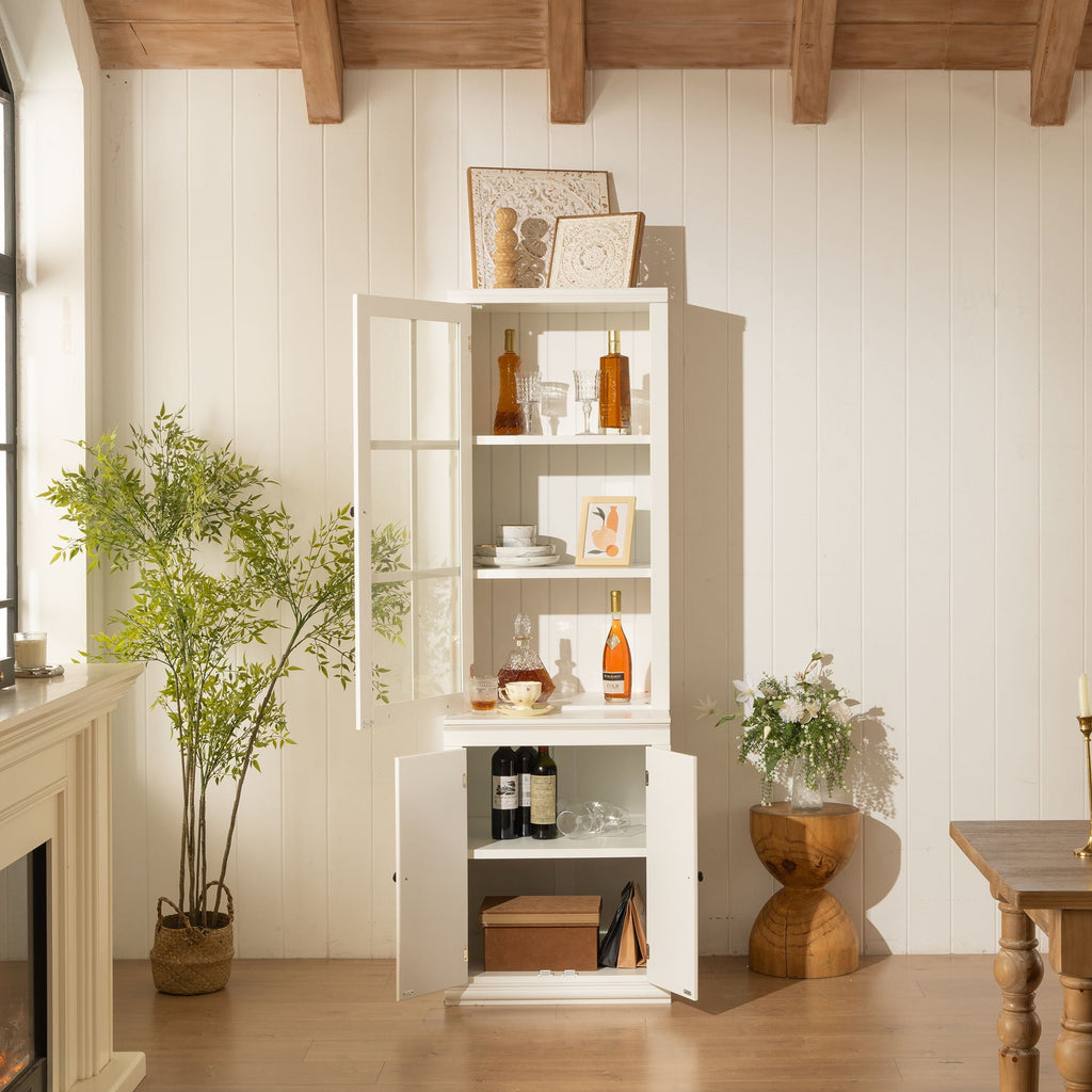 Retro Style Hutch Cabinet with Glass Door - White