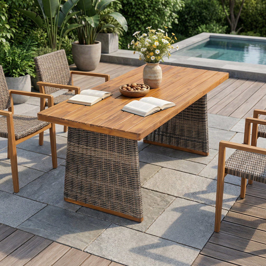 Outdoor Acacia Wood Dining Table with Slatted Top - Teak Finish