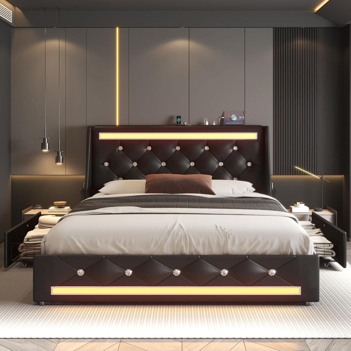 Wingback Upholstered Bed Frame with LED Lights and Charging Station - Black or White