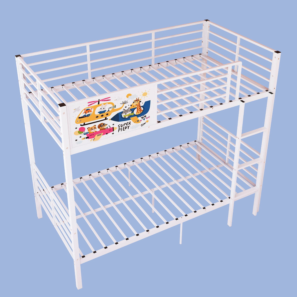 White Convertible Twin Bunk Bed with Full Length Guardrail & Ladder