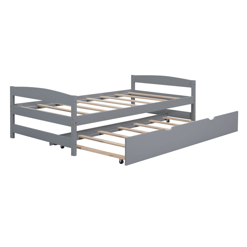 Twin Size Platform Bed with Trundle - Solid Wood Frame - Dark Gray or White