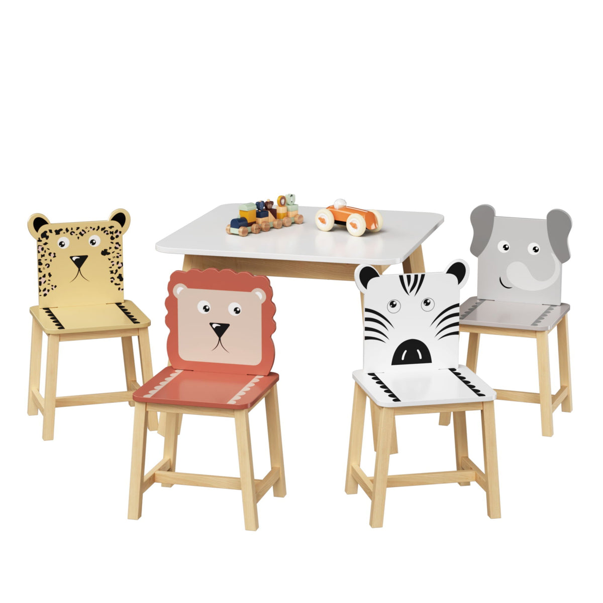 Kids Table and Chair Set with Cartoon Animals Design - White