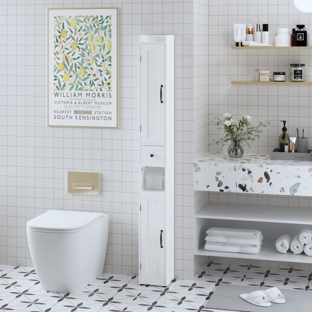 Slim Tall Bathroom Storage Cabinet with Adjustable Shelves - White