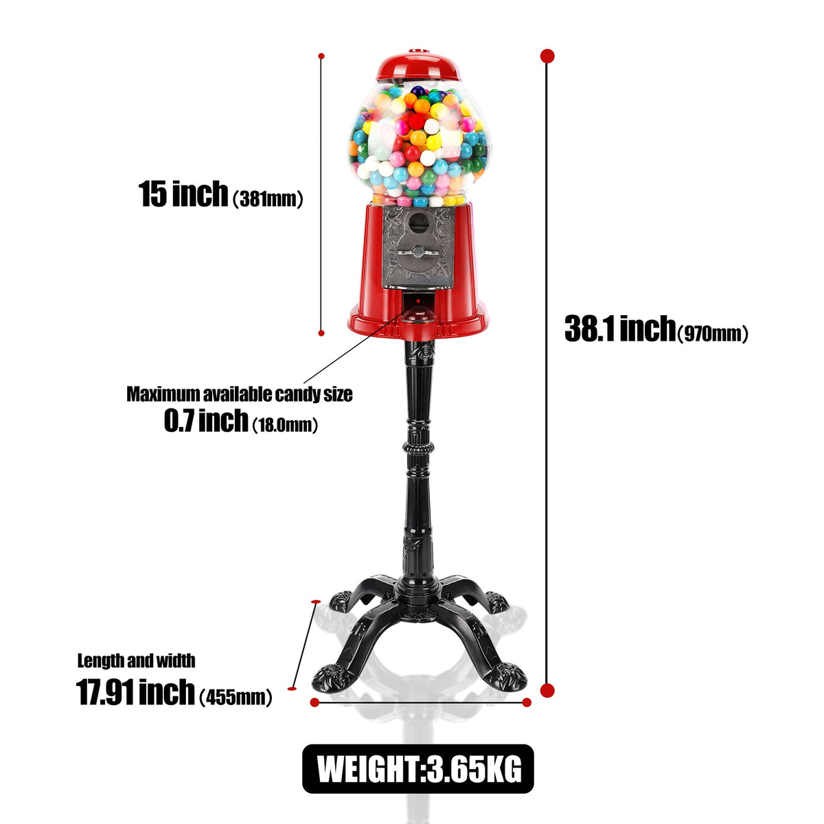 15 Inch Commercial Gumball Machine with Adjustable Dispensing - Red