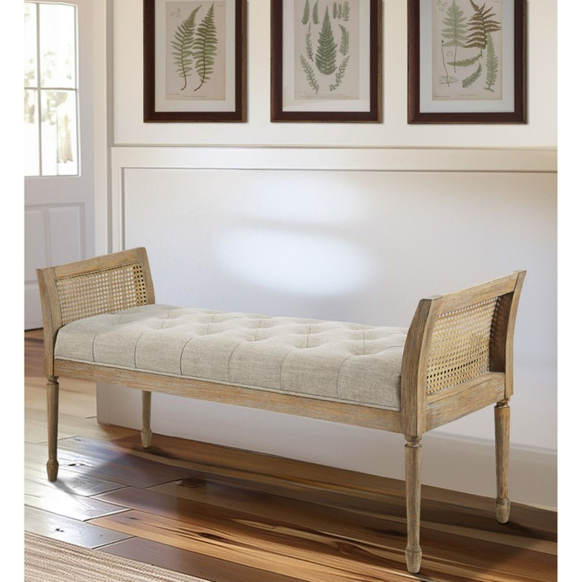 Natural Accent Bench with Arm and Tufted Upholstered Seat