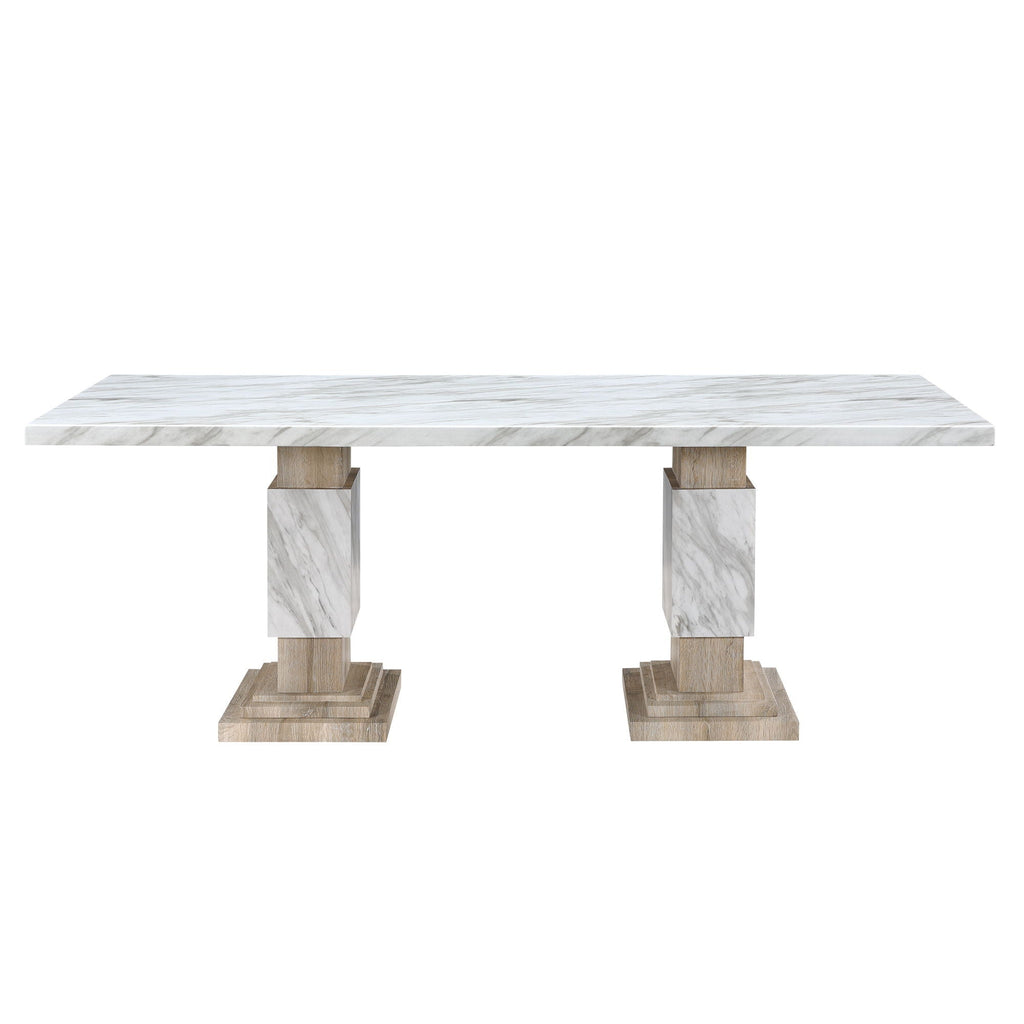Beige Pedestal Dining Table with Faux Marble Finish - Stacey