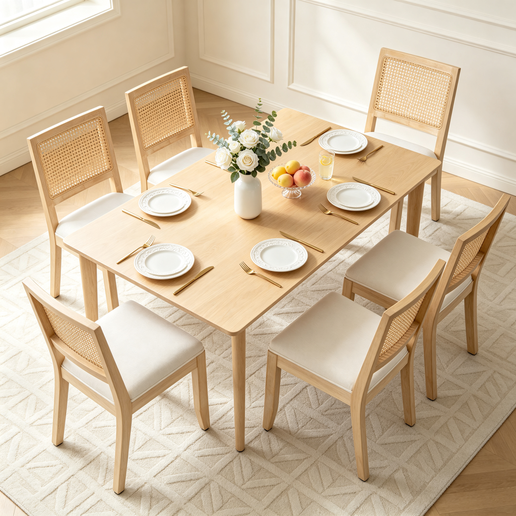 Farmhouse Rattan Dining Chairs Set of 2 with Linen Upholstery - Natural