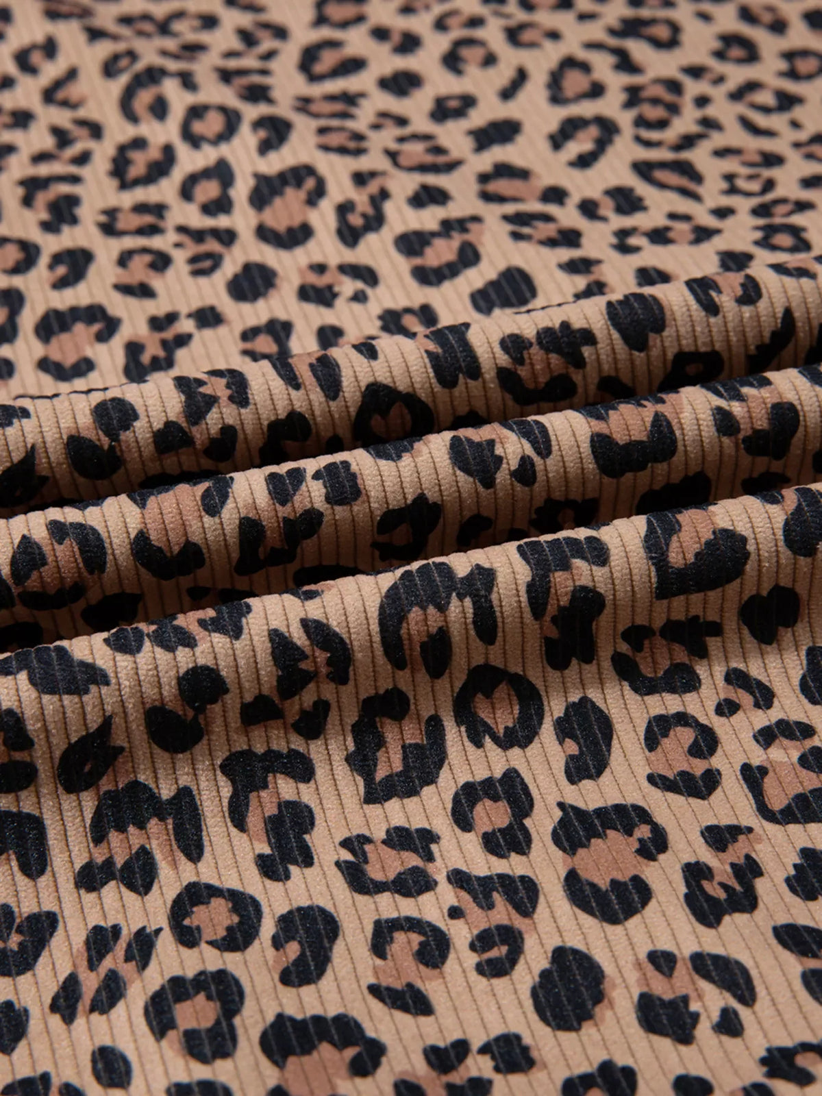 Ribbed Leopard Print Contrast Collar Zip Hoodie