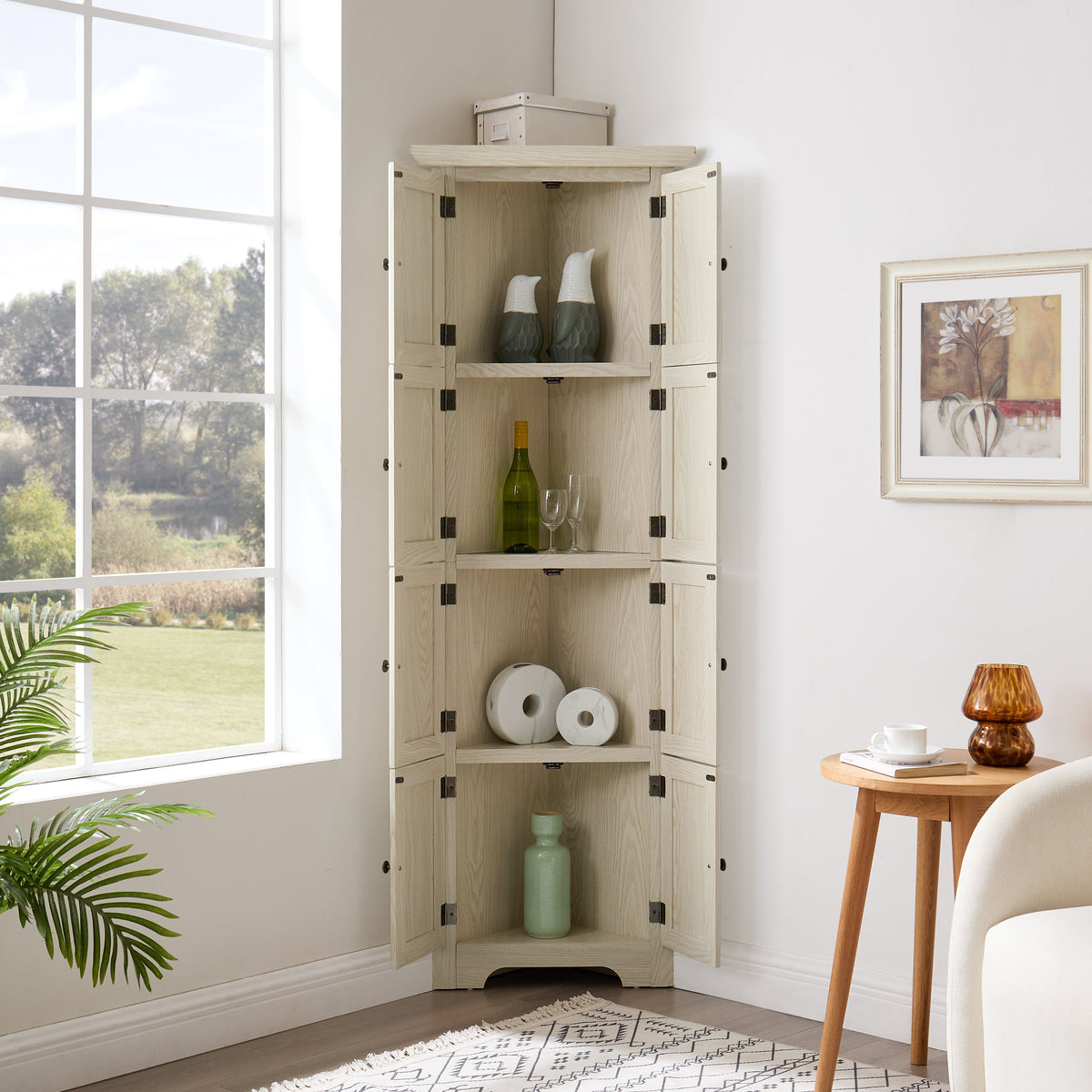4-Tier Corner Kitchen Pantry Storage Cabinet with 8 Doors - Oak Finish