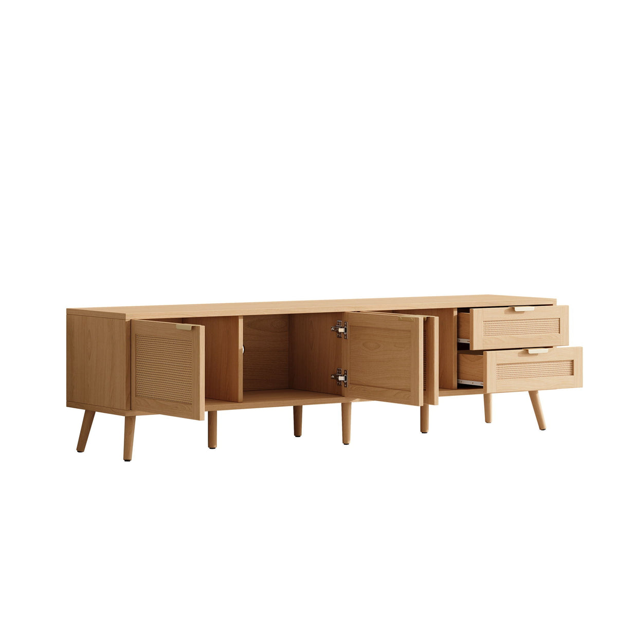 Natural Wood TV Stand with Cable Management and Drawers