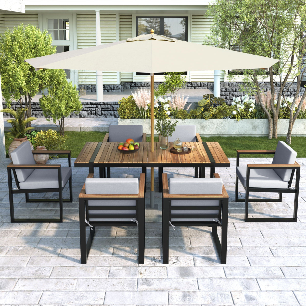 7 Piece Outdoor Dining Set with Removable Cushions - Gray or Beige