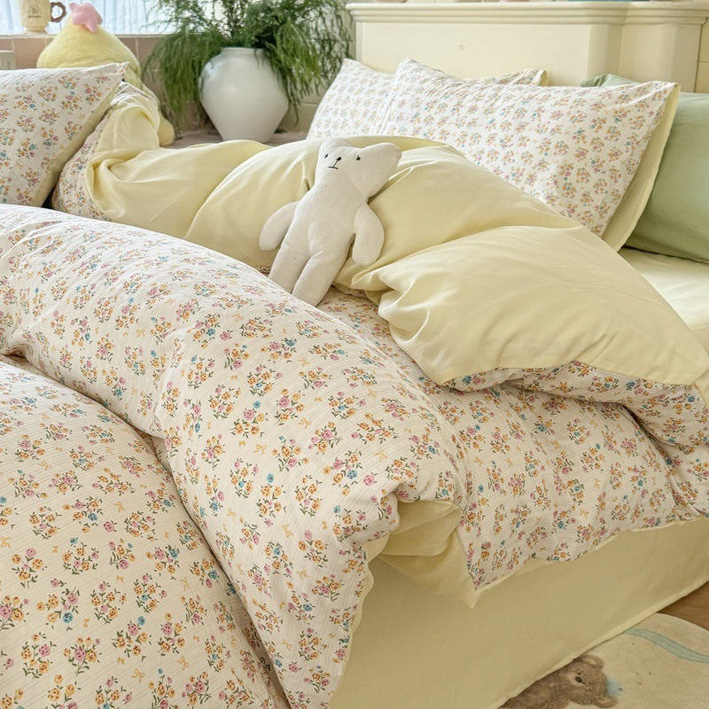 Double Gauze Four-Piece Set Jacquard Small Bamboo Cotton Three-Piece Set Student Dormitory INS Fresh Floral Bedding